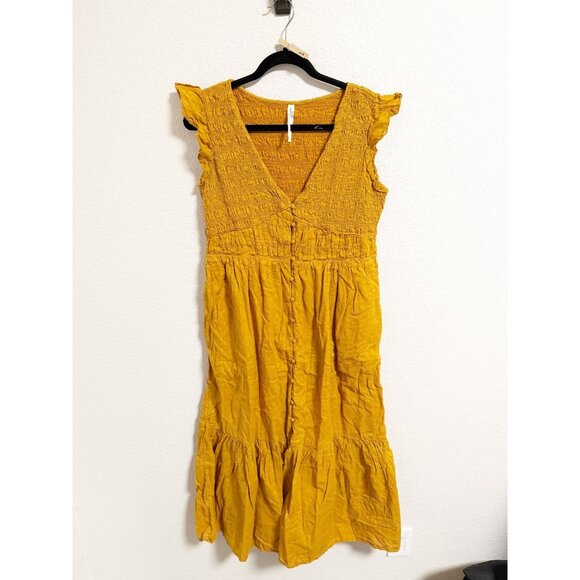 Anthropologie The Peregrine Midi Dress In Marigold Smocked Ruffle Trim Large - Picture 2 of 7